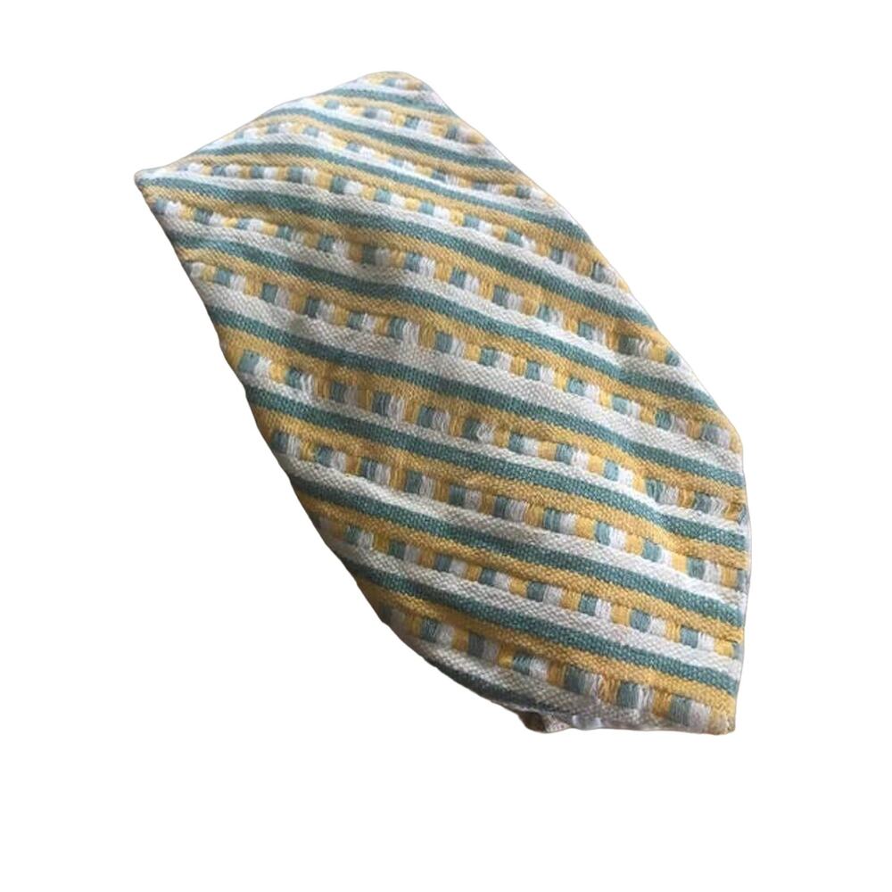 Vintage Wide Tie, Yellow Green Cream Striped Checked Woven Necktie, 1970s Tie
